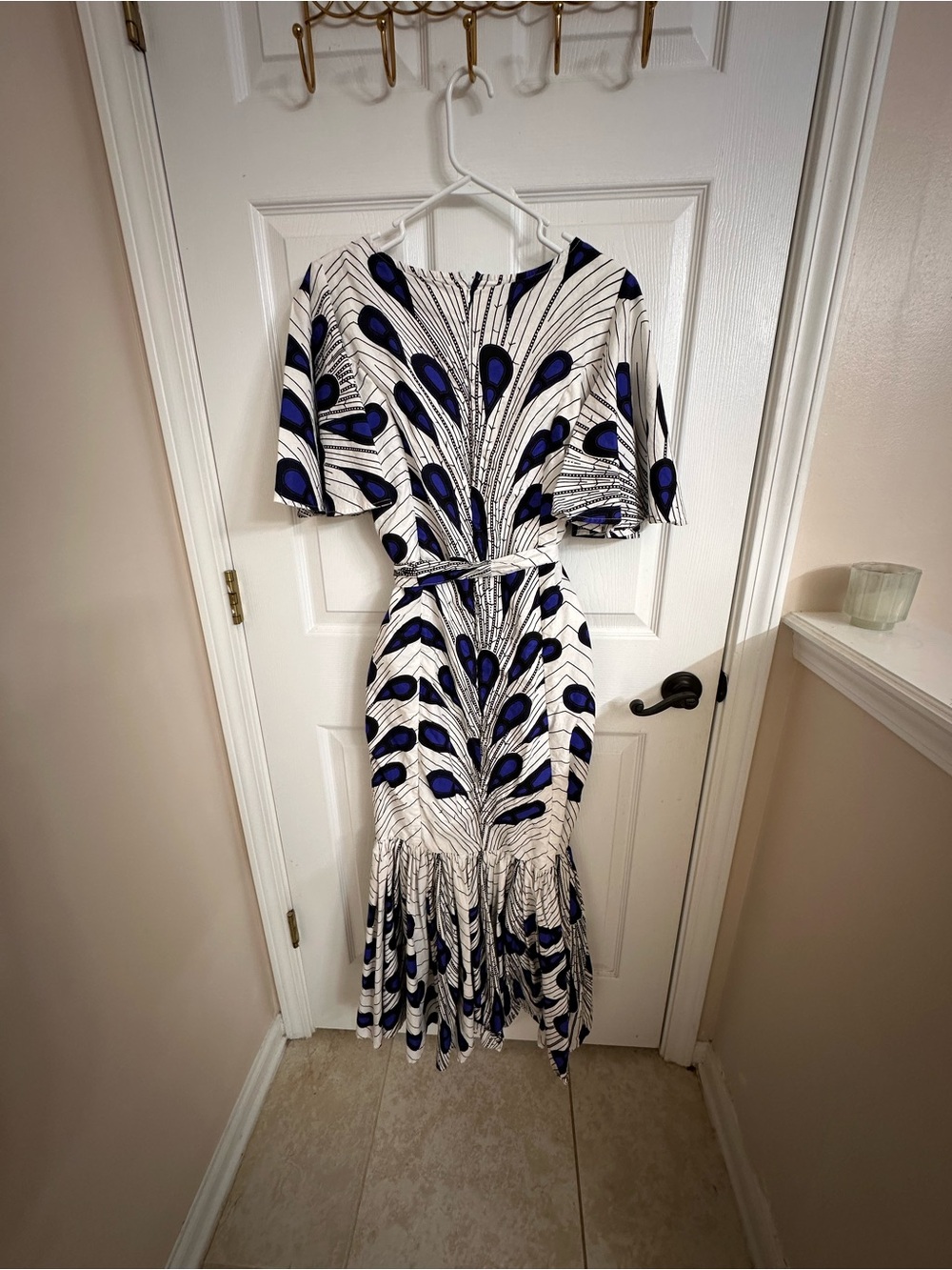 Printed White Maxi Dress with Royal Blue Accent and Tie Waist - Picture 2 of 2
